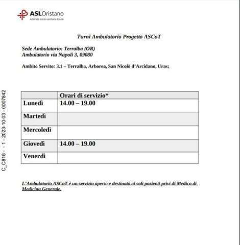 Progetto ASCoT ASL n.5 Oristano "Modifica orario e giorni Terralba dal 09.10.2023"