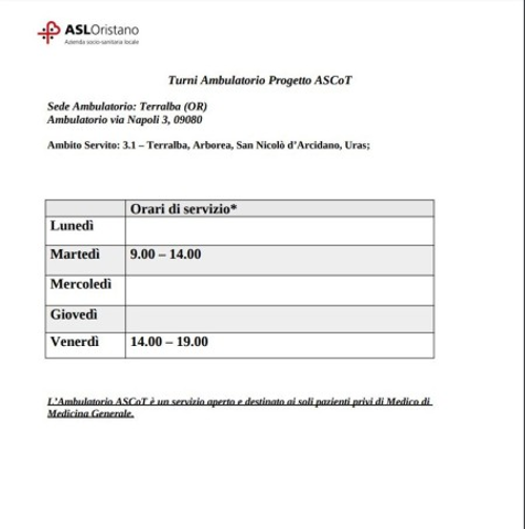 Progetto ASCoT ASL n.5 Oristano "Modifica_orario e giorni Terralba dal 06.10.2023 "